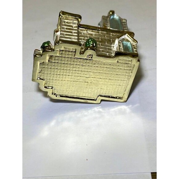 Church Trinket Box, Hinged Collectible, Frosted White Enamel Gold Tone, Crystals - Picture 5 of 6